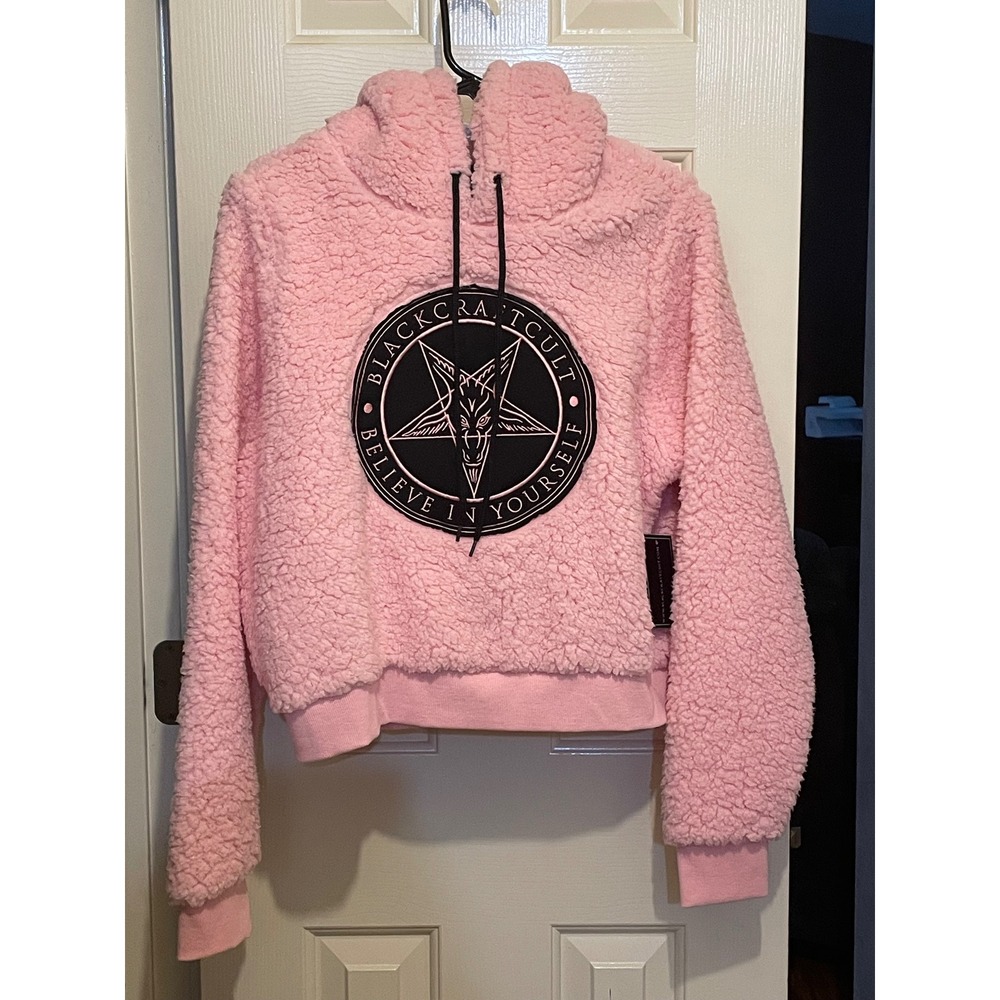 BlackCraft Cult Pink Sherpa Hoodie Believe In Yourself Baphomet Cropped LG NEW - Picture 3 of 6